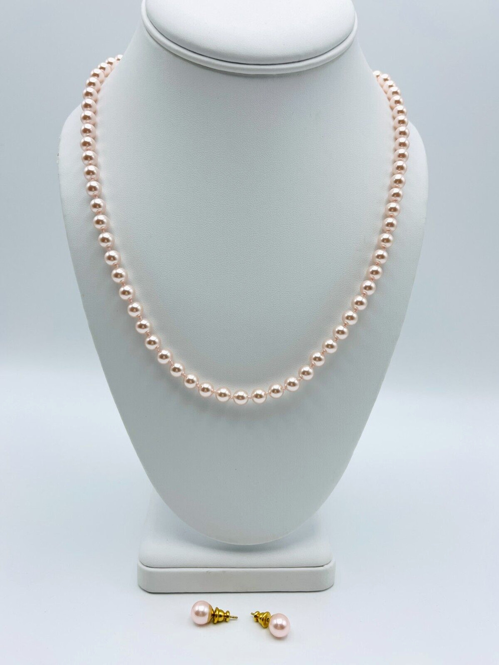 Pink Faux Pearl Beaded 24" Necklace Stud Earrings Set Vintage Knotted Estate